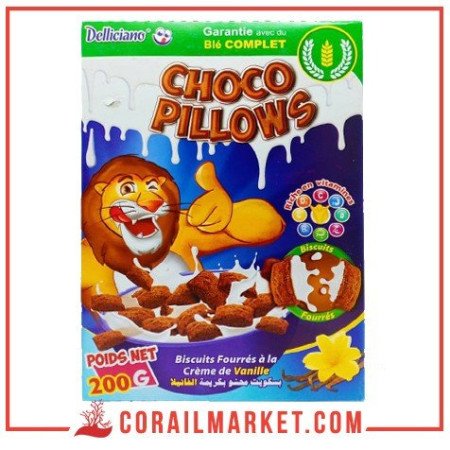 céréales fourrées crème de vanille choco pillows delliciano 200 g