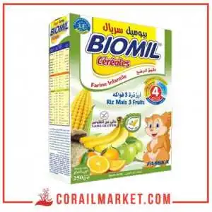 فرينة للرضع بيوميل (ارز،ذرة،3 فواكه)"4اشهر" 250 غ