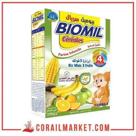 فرينة للرضع بيوميل (ارز،ذرة،3 فواكه)"4اشهر" 250 غ فرينة للرضع بيوميل (ارز،ذرة،3 فواكه)"4اشهر" 250 غ