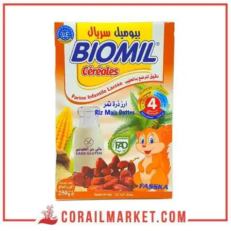 فرينة للرضع بالحليب بيوميل (ارز،ذرة،تمر)"4اشهر" 250 غ فرينة للرضع بالحليب بيوميل (ارز،ذرة،تمر)"4اشهر" 250 غ